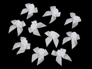 Premium Satin Bow Applique with Miniature Rose Embellishment for Apparel, Lingerie, and Wedding Crafts