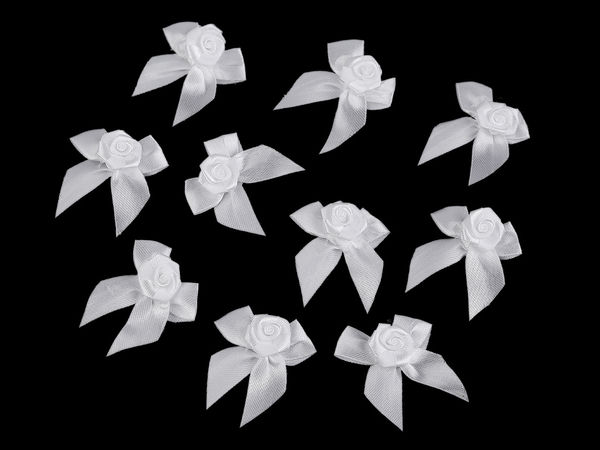 Premium Satin Bow Applique with Miniature Rose Embellishment for Apparel, Lingerie, and Wedding Crafts