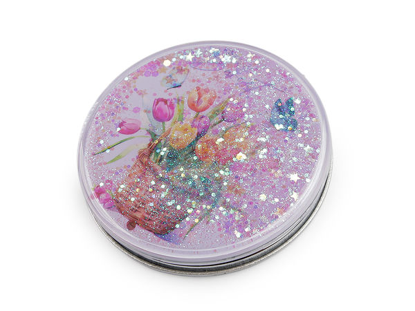 Floral Liquid Glitter Compact Makeup Mirror - Dual Pocket Vanity Mirror with Standard and Magnifying Lenses