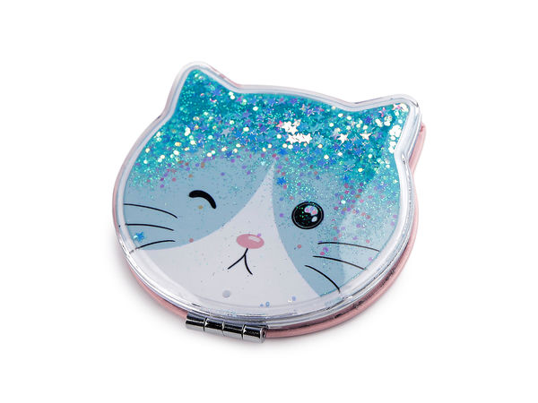 Cat-Shaped Compact Makeup Mirror with Floating Liquid Glitter - Dual-Sided Pocket Vanity Mirror with Magnification