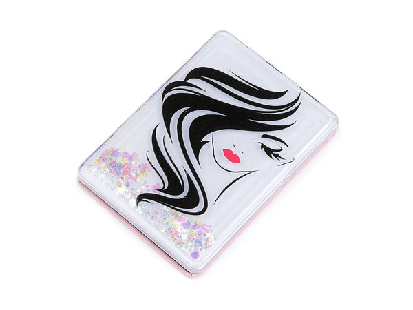 Compact Liquid Glitter Makeup Mirror - Dual-Sided Folding Pocket Mirror with Magnification & Chic Graphic Print