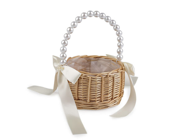 Elegant Wicker Bridesmaid and Flower Girl Basket with Pearl Handle & Satin Bows