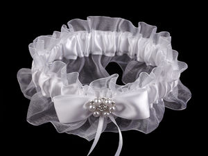 Elegant White Satin and Organza Wedding Garter with Pearl & Rhinestone Bow Detail - Classic Bridal Keepsake