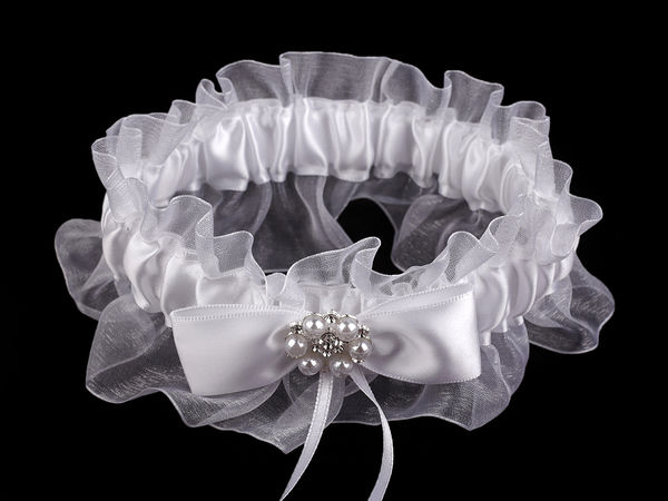 Elegant White Satin and Organza Wedding Garter with Pearl & Rhinestone Bow Detail - Classic Bridal Keepsake