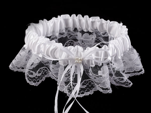 Elegant White Satin and Lace Bridal Garter with Pearl Accent