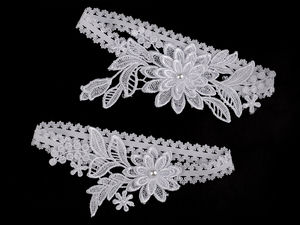 Elegant White Floral Lace Wedding Garter Set - Premium Bridal Keepsake and Toss Garters with Flower Embellishments