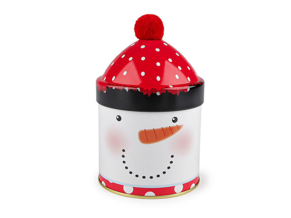 Christmas Tin Gift Box with Plush Pom-Pom Lid - Santa & Snowman Decorative Holiday Containers
