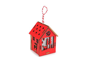 Hanging Light-Up Wooden House Ornament - Festive Red Holiday Decor