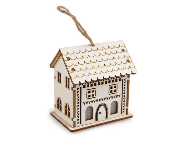Hanging Wooden House Decoration with Warm LED Light