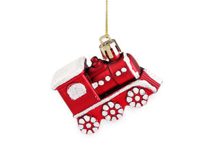 Glittered Christmas Hanging Ornaments - Red House & Train Baubles for Tree, Wreath & Garland Decor