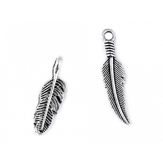 Metal Charm - Feather - platinum - with patina, 10 Buc.