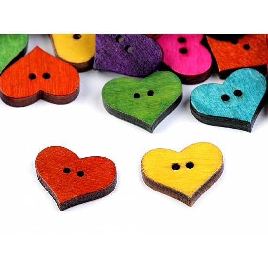 Wooden Decorative Button Heart, mix of colours, 20 pc.