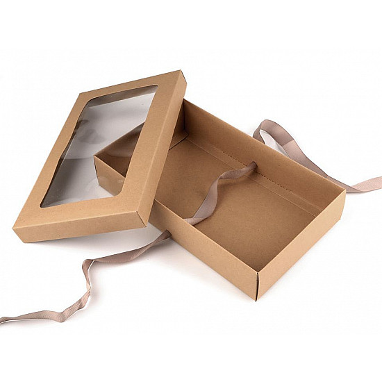 Folding Paper Box with Window and Ribbon (package 5 pc.) - natural brown