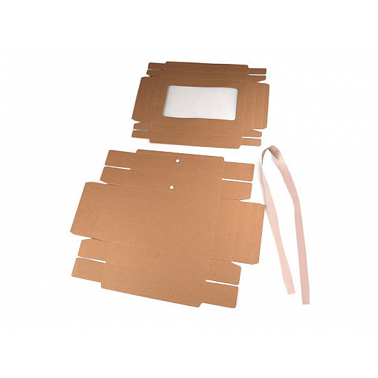 Folding Paper Box with Window and Ribbon (package 5 pc.) - natural brown