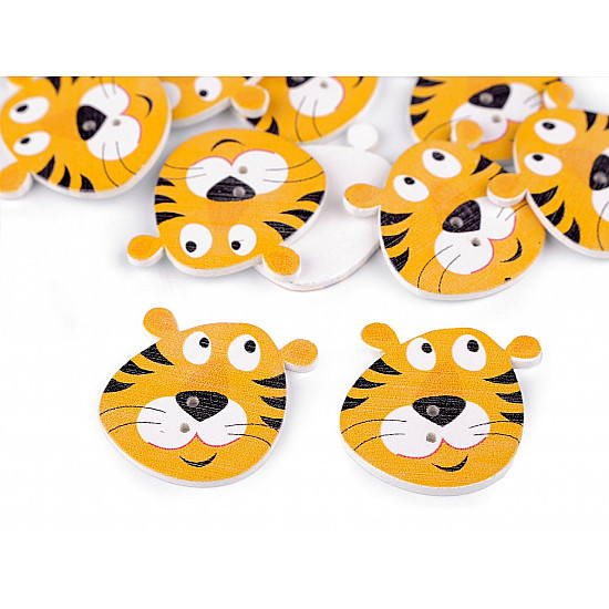 Wooden Decorative Button Animals - tiger, yellow, 10 pc.