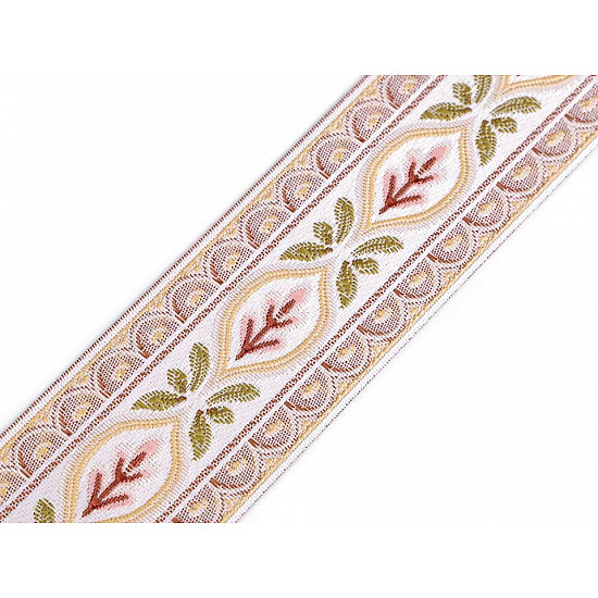 Woven Jacquard Tapestry Ribbon Trim width 59 mm - ecru light - red, 1 ml.