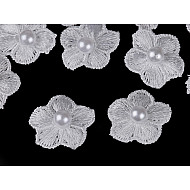 Embroidery Flower with Pearl Bead Ø20 mm, white, 10 pc.