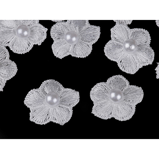 Embroidery Flower with Pearl Bead Ø20 mm, white, 10 pc.