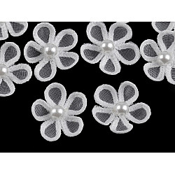 Organza Flower Applique with Pearl Bead Ø25 mm, Off White, 10 pc.