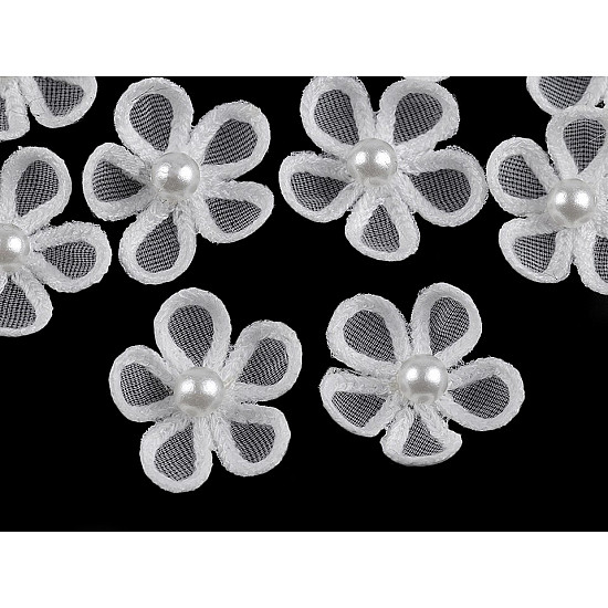 Organza Flower Applique with Pearl Bead Ø25 mm, Off White, 10 pc.