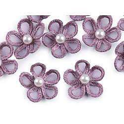 Organza Flower Applique with Pearl Bead Ø25 mm, lila, 10 pc.