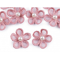 Organza Flower Applique with Pearl Bead Ø25 mm, vintage pink, 10 pc.