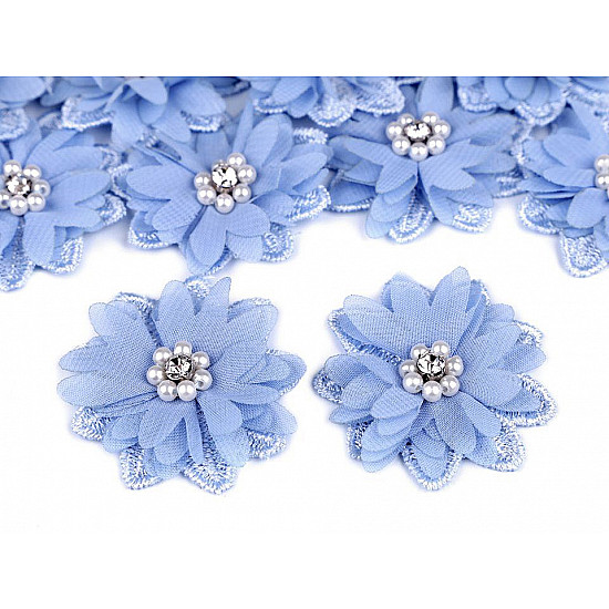 Flower Applique with Beads Ø50 mm, light blue, 10 pc.