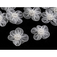 Organza Flower Ø30-35 mm with Imitation Pearls, white, 10 pc.