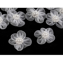 Organza Flower Ø30-35 mm with Imitation Pearls, white, 10 pc.