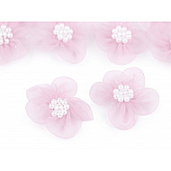 Organza Flower Ø30-35 mm with Imitation Pearls, light pink, 10 pc.