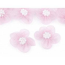 Organza Flower Ø30-35 mm with Imitation Pearls, light pink, 10 pc.