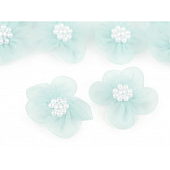 Organza Flower Ø30-35 mm with Imitation Pearls, mint, 10 pc.