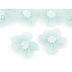 Organza Flower Ø30-35 mm with Imitation Pearls, mint, 10 pc.