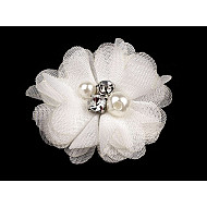 Decorative Mesh Flower Ø50 mm with Beads, white, 10 pc.