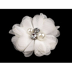 Decorative Mesh Flower Ø50 mm with Beads, white, 10 pc.