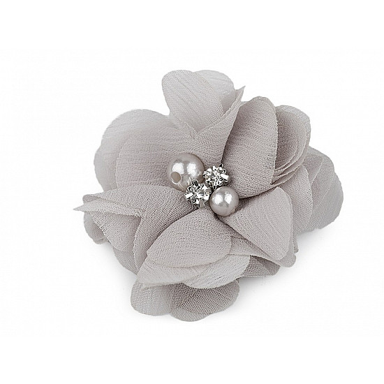 Decorative Mesh Flower Ø50 mm with Beads, lightgrey, 10 pc.