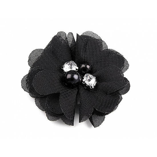 Decorative Mesh Flower Ø50 mm with Beads, black, 10 pc.