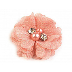 Decorative Mesh Flower Ø50 mm with Beads, pink coral, 10 pc.