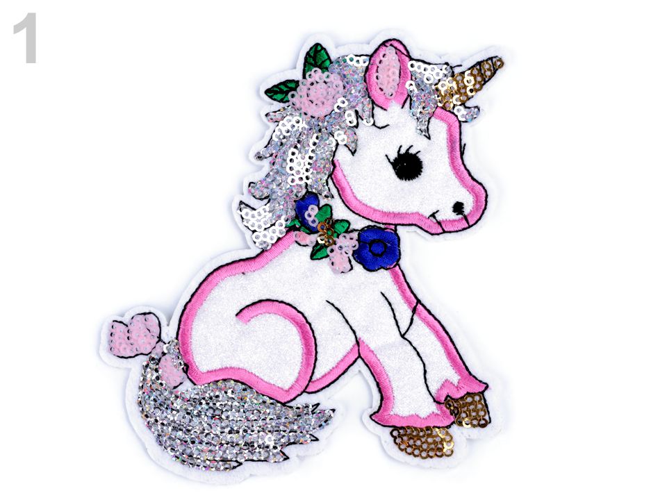 Iron-on Patch Unicorn, Ice Cream Cone with AB effect Sequins - white - Unicorn, 1 pc.