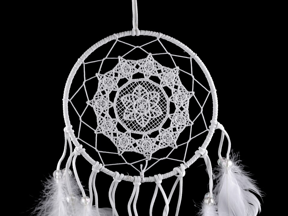 Dreamcatcher cu dantelă și pene, 15 x 40 cm (pachet 3 buc.) - alb