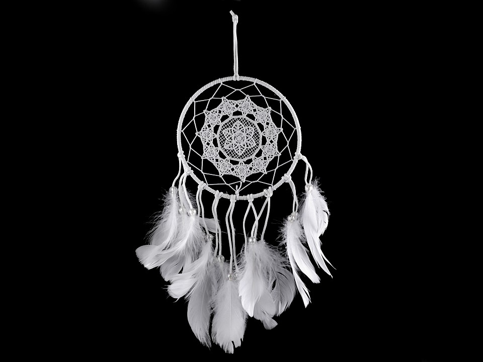 Dreamcatcher cu dantelă și pene, 15 x 40 cm (pachet 3 buc.) - alb