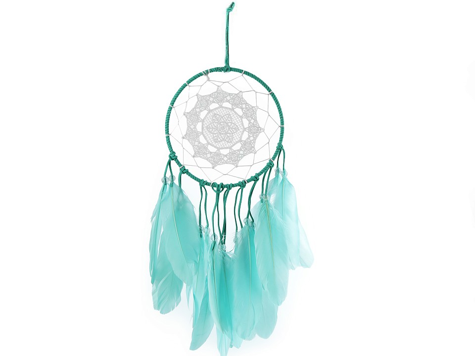 Dreamcatcher cu dantelă și pene, 15 x 40 cm (pachet 3 buc.) - verde mentă