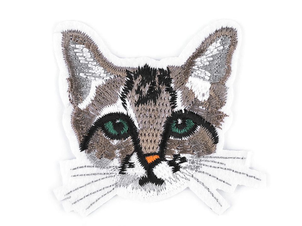 Iron-on Patch Unicorn, Delphin, Tiger, Cat, Lion, Rabbit - grey-green - cat, 1 pc.