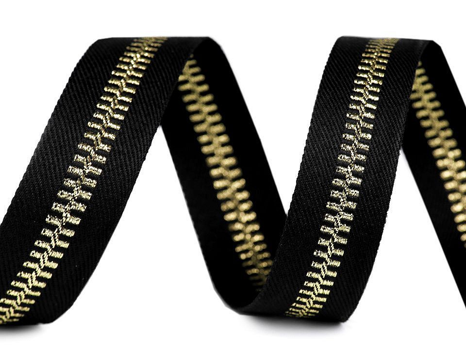 Trousers Side Stripe / Clothing Ribbon, Zipper Imitation, width 20 mm - black - gold, 1 ml.