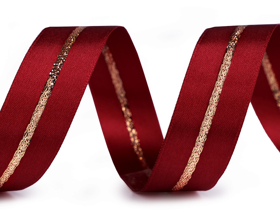 Double Face Satin Ribbon with Lurex width 25 mm - bordeaux - gold, 20 ml.