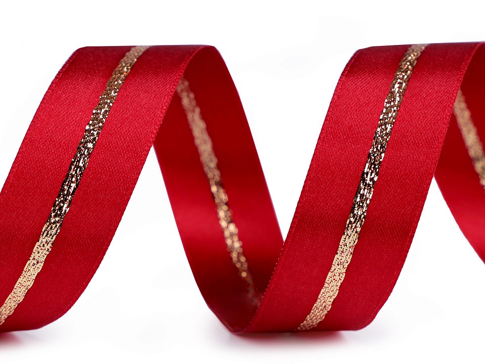 Double Face Satin Ribbon with Lurex width 25 mm - red - gold, 20 ml.