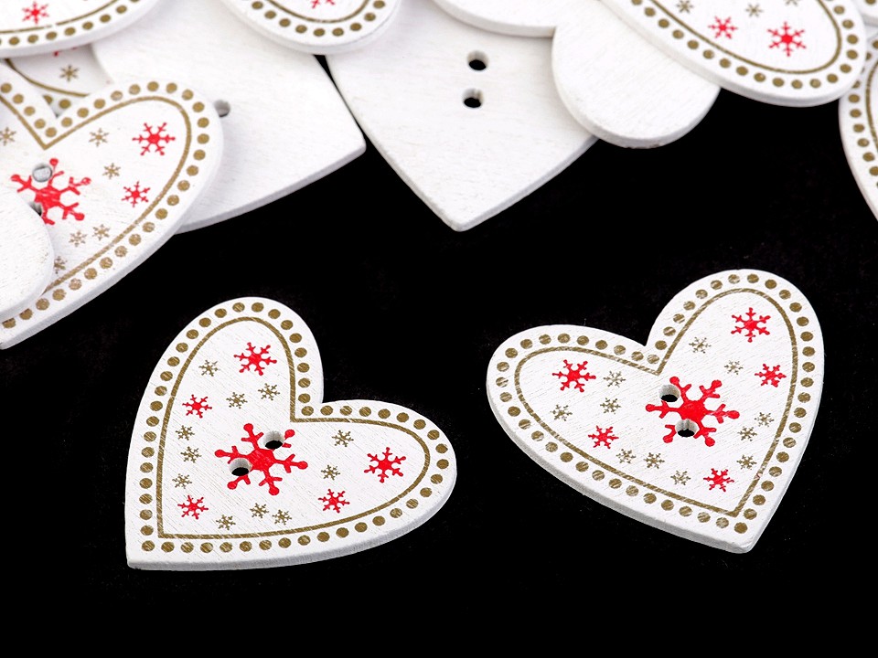 Wooden Decorative Button Heart, white, 10 pc.