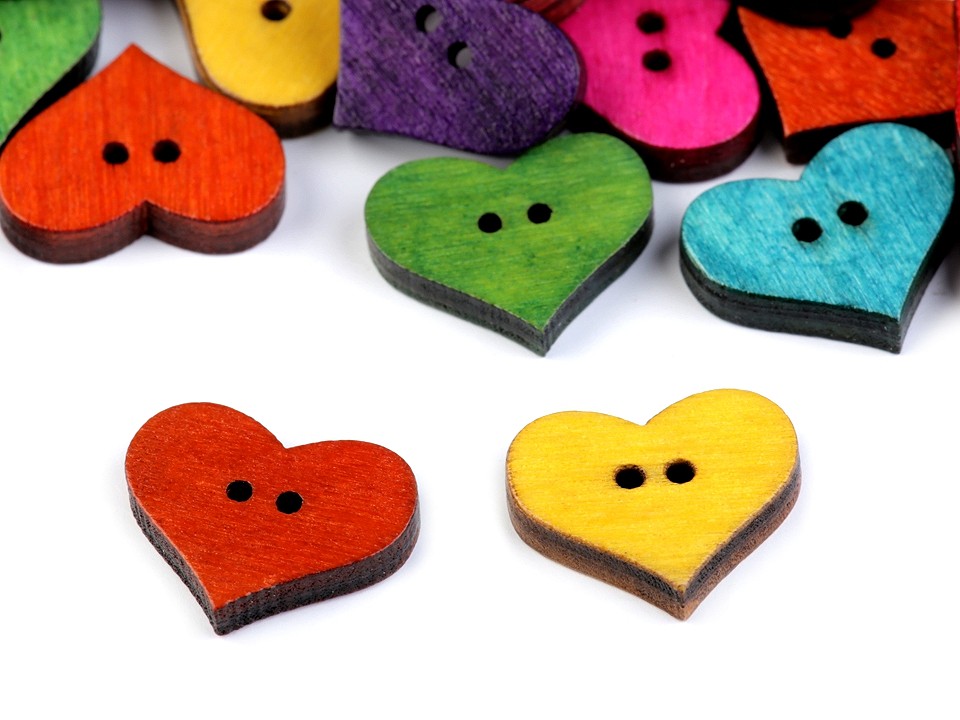 Wooden Decorative Button Heart, mix of colours, 20 pc.