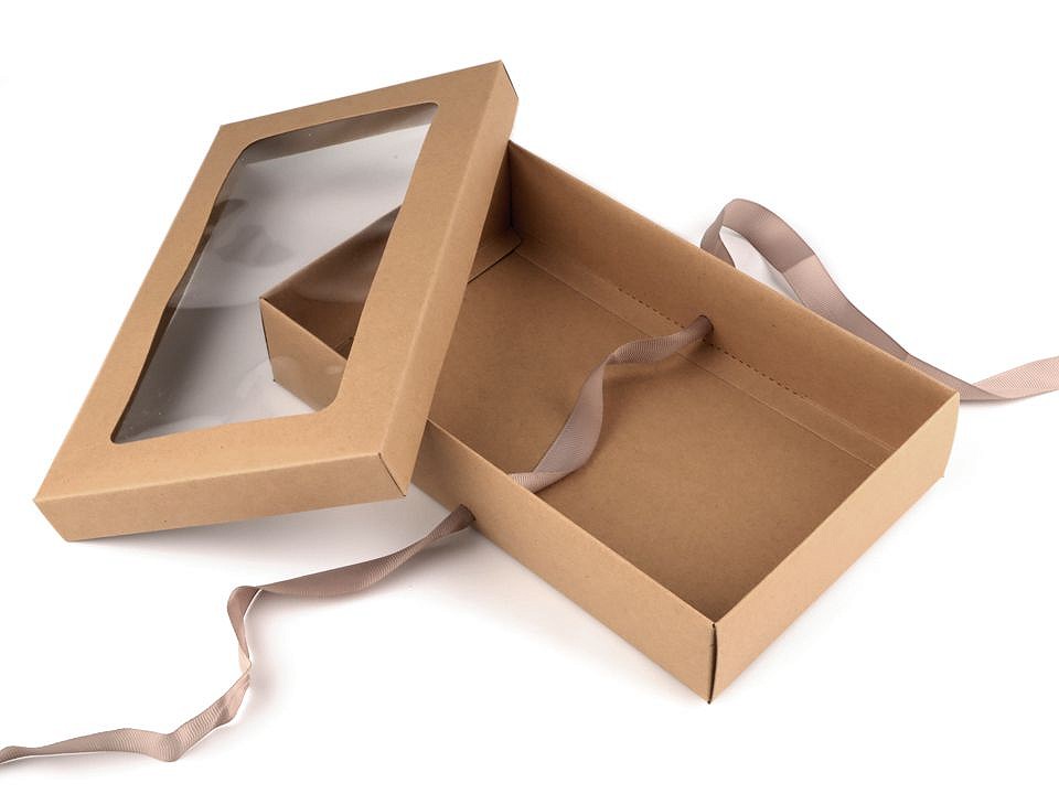 Paper Gift Box with Window and Ribbon (package 5 pc.) - natural brown