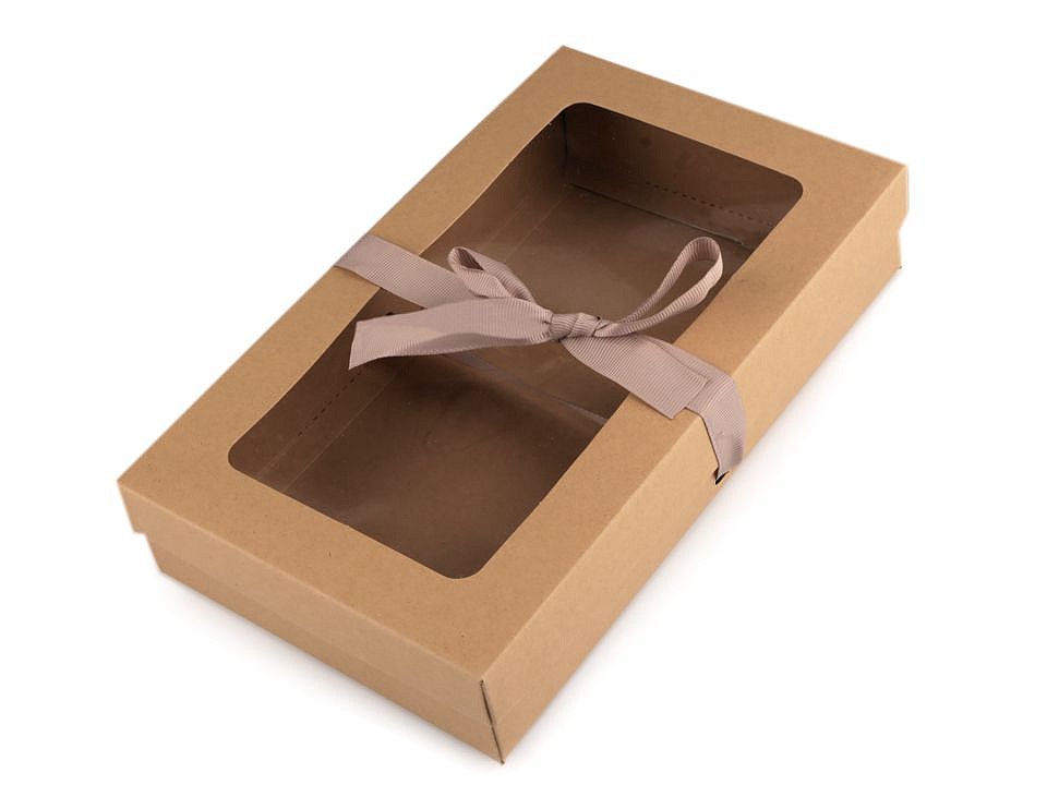 Folding Paper Box with Window and Ribbon (package 5 pc.) - natural brown